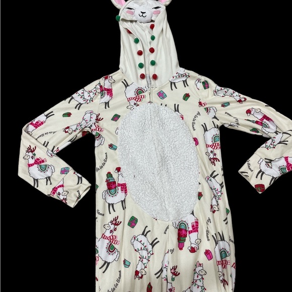 Justice llama Christmas onesie hooded zip pajamas pjs soft fleece Pom Poms 8 - Picture 2 of 5